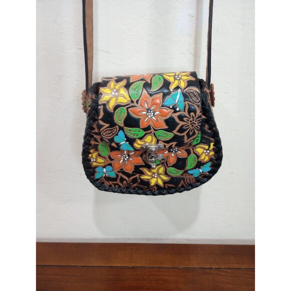 Black Flowered Hand Tooled Leather Purse - Picture 1 of 5